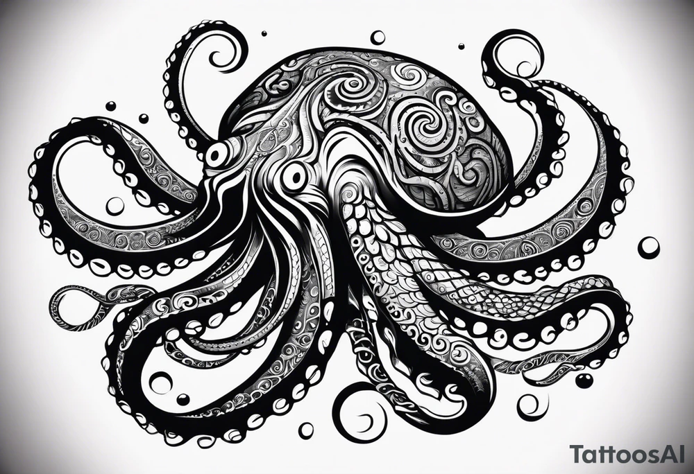 Tribal half sleeve octopus surrounded by ribbons of water waves filled with fish. a tribal sea turtle hidden in the lines of the head of the octopus. the octopus has no eyes. Use thick lines only with less detail tattoo idea