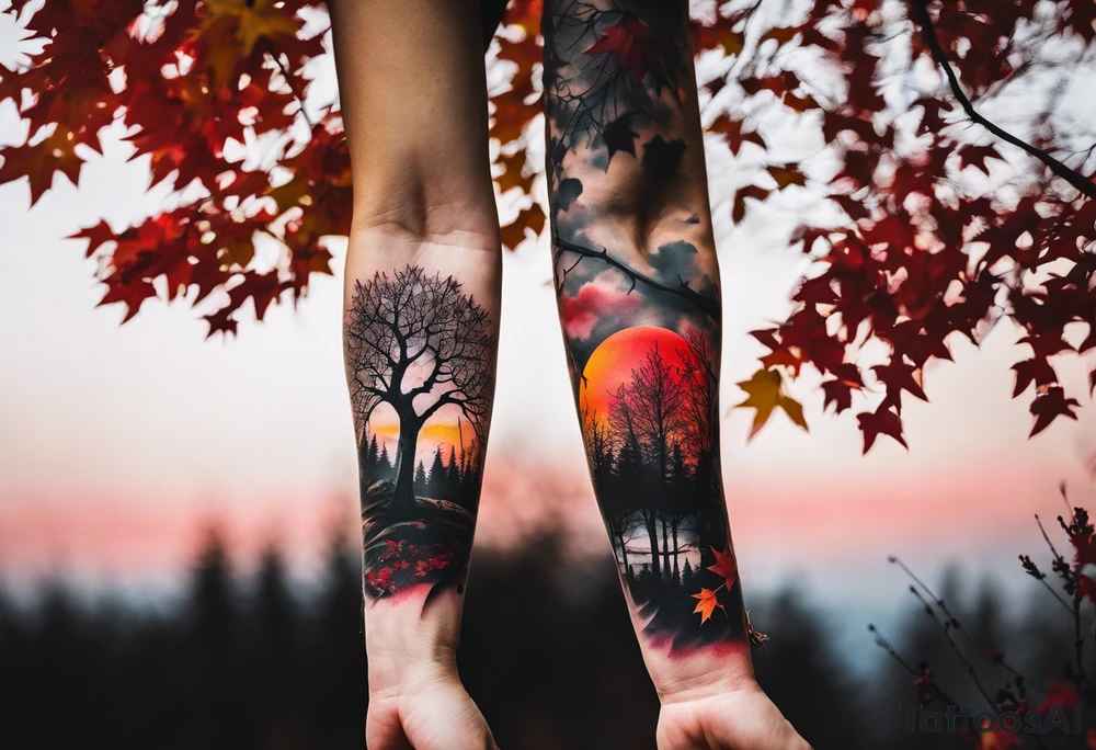 trash polka style. Arm tattoo. chest tattoo. Long tattoo. large tattoo. Full sleeve. Shoulder. A single large maple tree with red autumn leaves that branches upwards from wrist to shoulder. White-throated dipper bird on the trees branches. Calluna flowers at the base of the trees stem. Tree stem has dark colors. Red/yellow sunset behind the trees stem. Leaves falling. tattoo idea