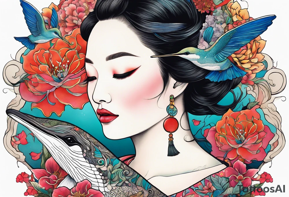Surreal, whale, hummingbird, lady face, flowers, bold color, collage tattoo idea