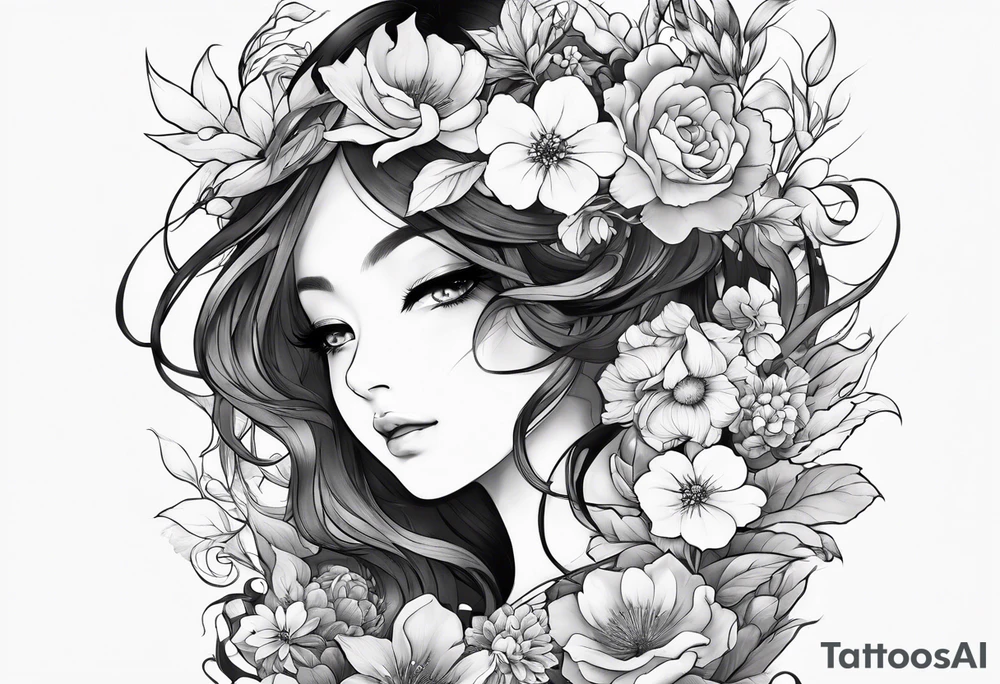 Anime ghost surrounded by flowers, forearm or wrist tattoo tattoo idea
