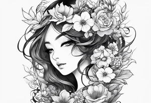 Anime ghost surrounded by flowers, forearm or wrist tattoo tattoo idea