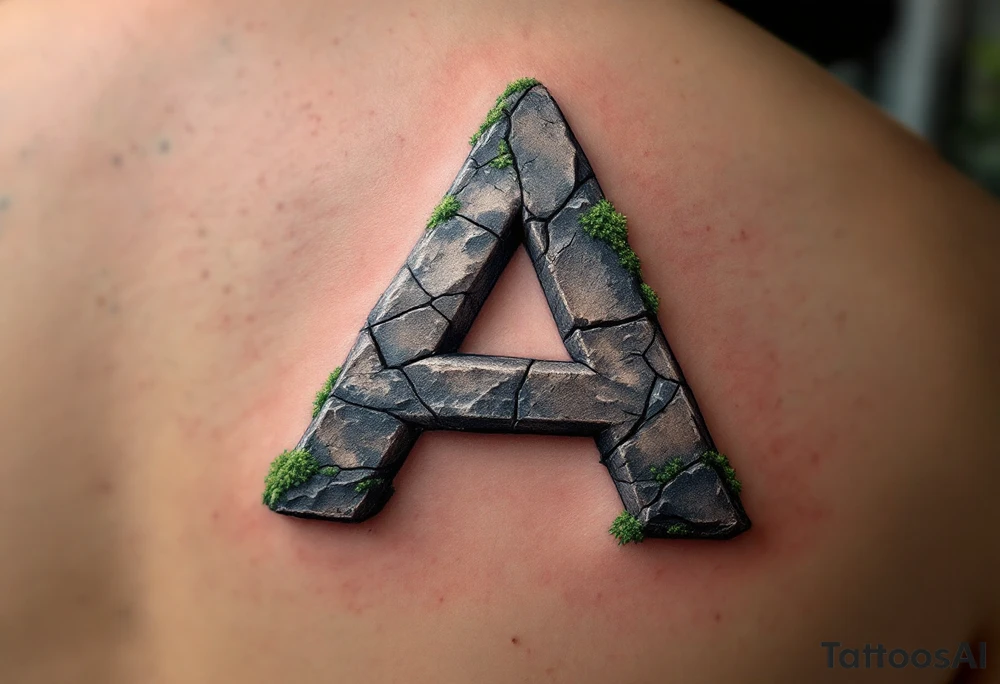 A cracked stone "A" in granite gray with mossy green details. tattoo idea