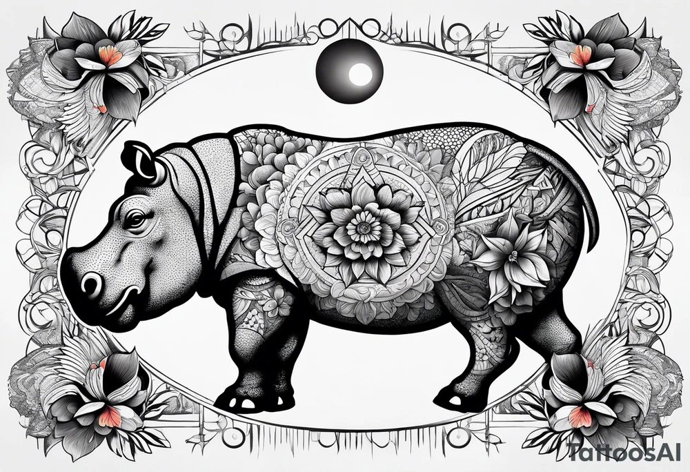 Hippo, flowers, moon, fine lines, tribal, geometric tattoo idea