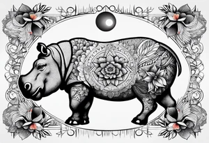 Hippo, flowers, moon, fine lines, tribal, geometric tattoo idea