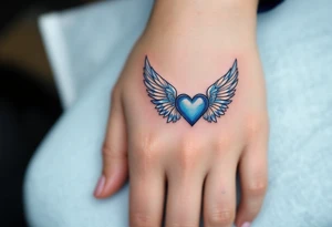 Ocean Heart with Seashell Wings – A deep blue heart, surrounded by seashell-adorned wings, symbolizing love that is fluid, deep, and eternal like the ocean. tattoo idea