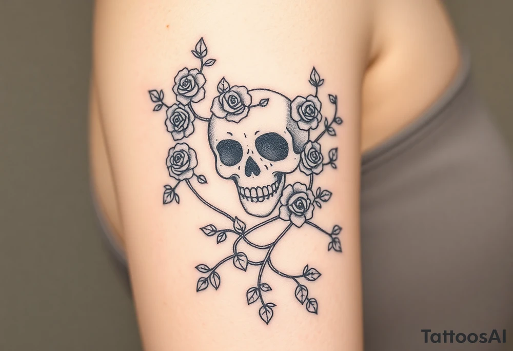 gothic skull intertwined with climbing roses and thorny vines tattoo idea