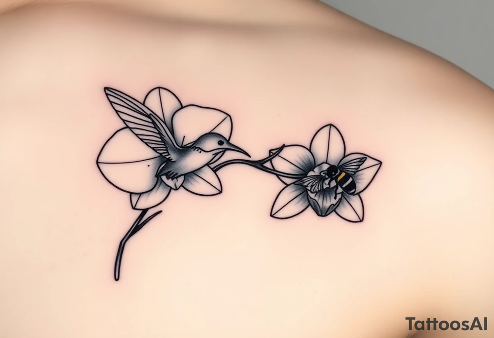 A delicate, black and white fine-line tattoo for male, featuring gracefully detailed 2 orchids in full bloom including their stems, with soft, intricate petals and elegant curves. Beside it, a hummingbird hovers mid-flight, its wings drawn with subtle motion lines, its slender beak reaching toward the orchid’s center to drink its nectar. on the other flower there is a bee that is resting tattoo idea