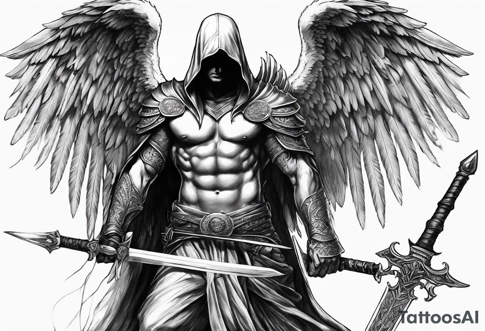 realistic angel of death, man, full body, no face visible, holding one sword, sword vertically pointing downwards, both hands are holding the sword tattoo idea