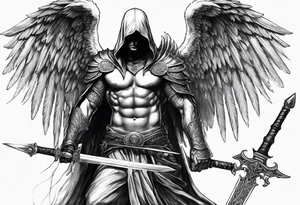 realistic angel of death, man, full body, no face visible, holding one sword, sword vertically pointing downwards, both hands are holding the sword tattoo idea