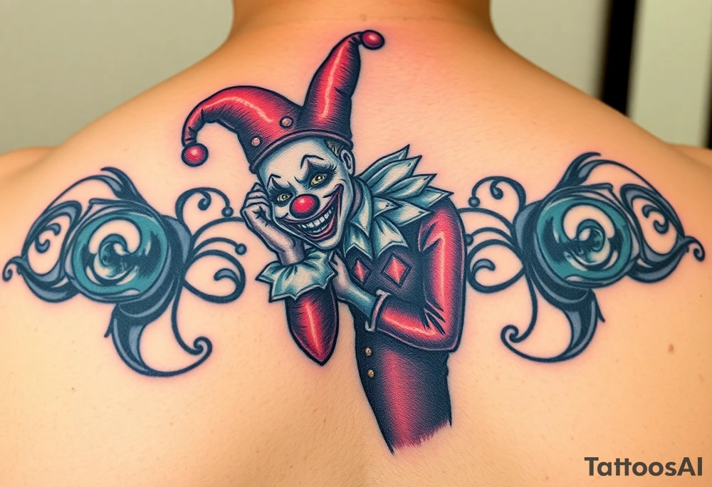 jester clown standing behind partner holding cheeks up to smile tattoo idea