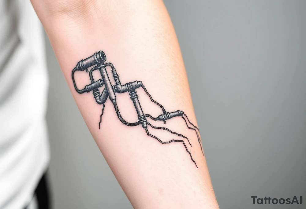 long System of pipes that transitions into veins of forearm tattoo idea