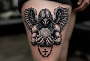 Angel hold headstone in hands with a cross chain hanging down with large wings tattoo idea