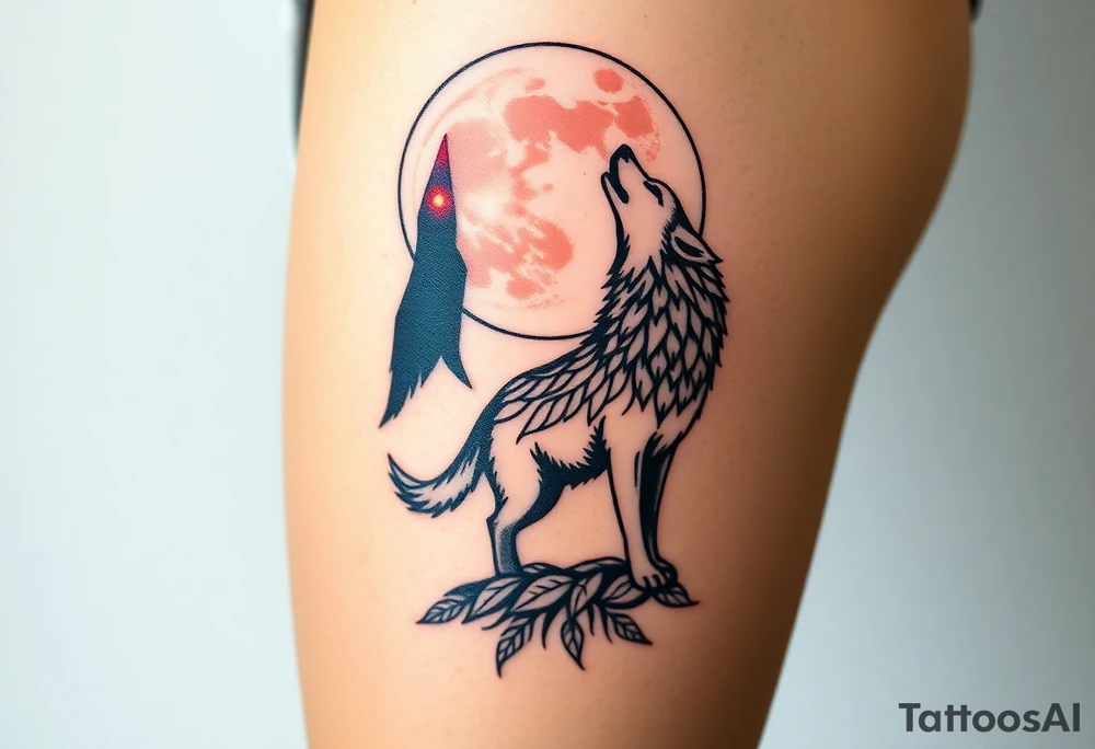 lone wolf howling at full moon with northern lights backdrop tattoo idea