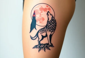 lone wolf howling at full moon with northern lights backdrop tattoo idea