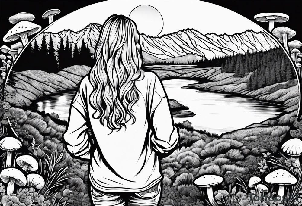 Whole picture encircled fully

Straight long blonde hair hippie girl in distance holding mushrooms in hand facing away toward mountains and creek surrounded by mushrooms long sleeve shirt and hiking pants; whole rendering within a full circle, no cut off circle tattoo idea