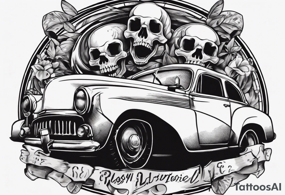 Old vintage car with skull in background tattoo idea