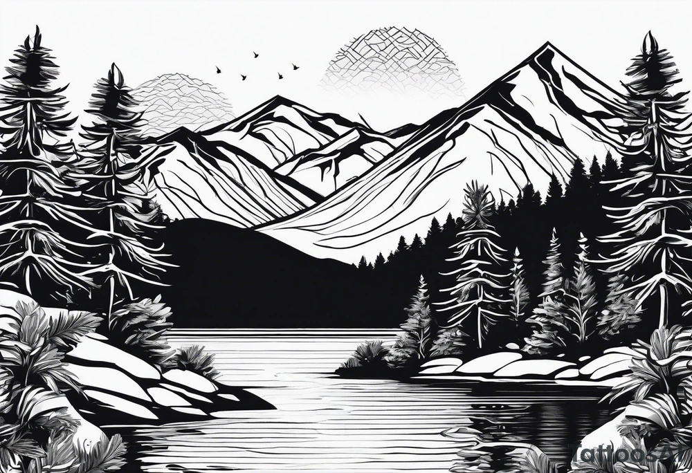 A snow capped mountain with pine trees and a river, the pine trees start to blend into palm trees, and the river becomes an ocean tattoo idea