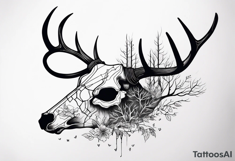 A side view of decayed deer skull surrounded by trees and fire tattoo idea