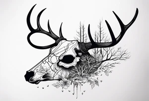 A side view of decayed deer skull surrounded by trees and fire tattoo idea
