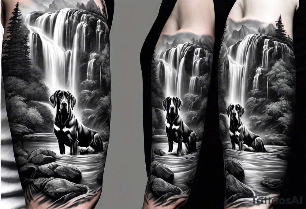 Arm sleeve- with four Great Danes in front of waterfall tattoo idea