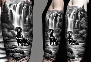 Arm sleeve-  with four Great Danes in front of waterfall tattoo idea