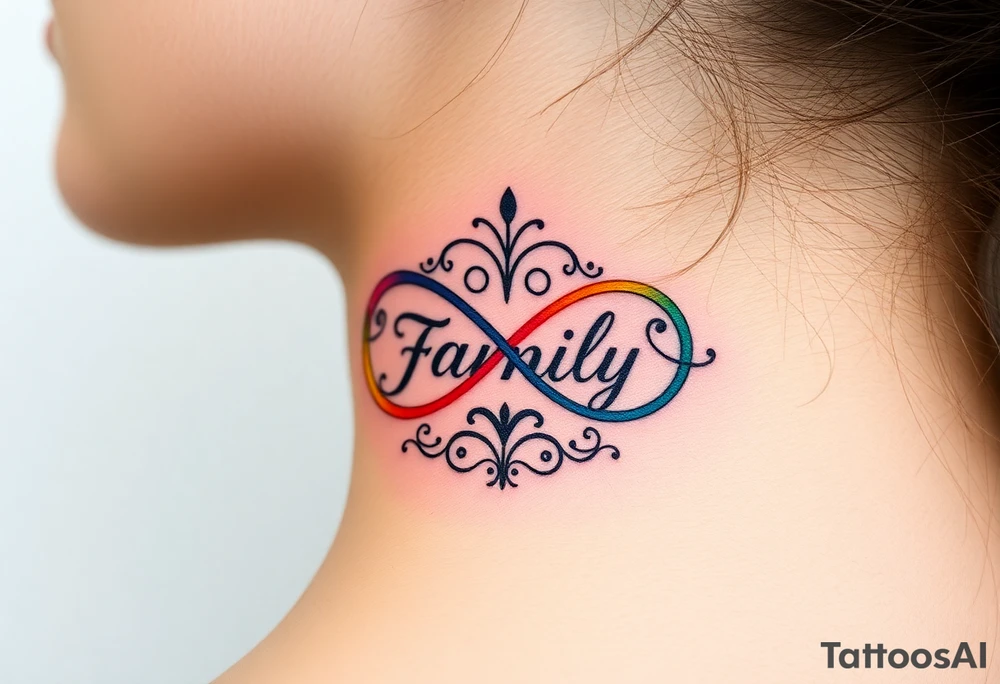 Rainbow Color infinity symbol and the word "family" engraved inside tattoo idea