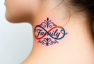 Rainbow Color infinity symbol and the word "family" engraved inside tattoo idea