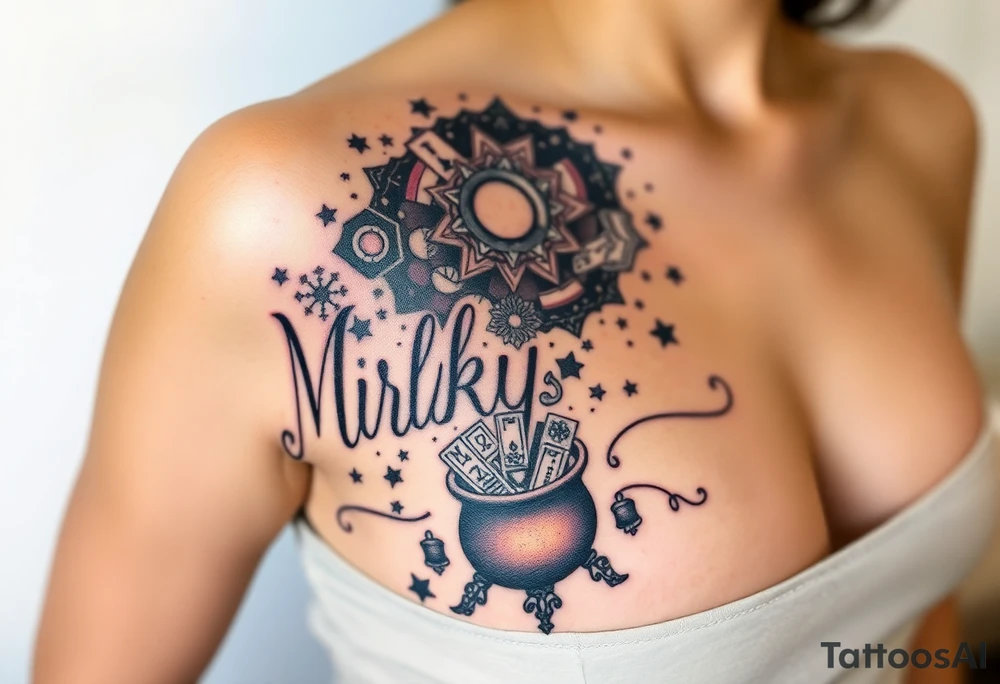 Milky way filled with zodiac symbols runes tarot cards coming out of a cauldron tattoo idea
