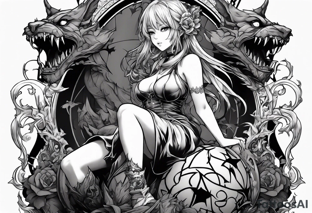 a bleeding anime girl sitting on a ball, and surrounded by gargoyles tattoo idea