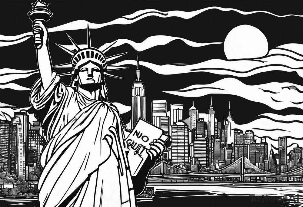 New york city skyline with Statute of liberty head in the background. White outline around head. Below the skyline in grafitti style text "NO QUIT" in the negative white space with shading around it. Put ice skatng marks through the text and throughout the image tattoo idea