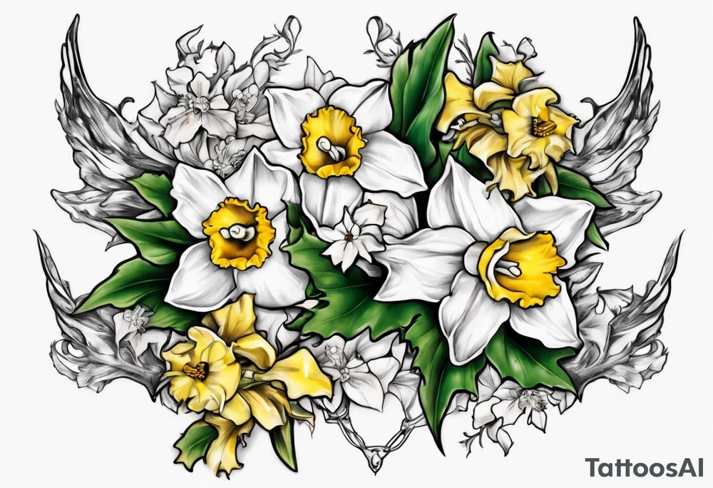 OAKLEE with Narcissus and holly flowers tattoo idea