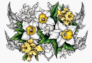 OAKLEE with Narcissus and holly flowers tattoo idea