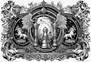 Design a chessboard with celestial symbols on one side and infernal symbols on the other. The chess pieces could be intricately detailed angels and demons engaged in a strategic game. tattoo idea