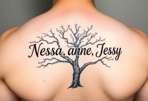 the name Nessa, Anne, Jessy
 on a live tree tattoo idea