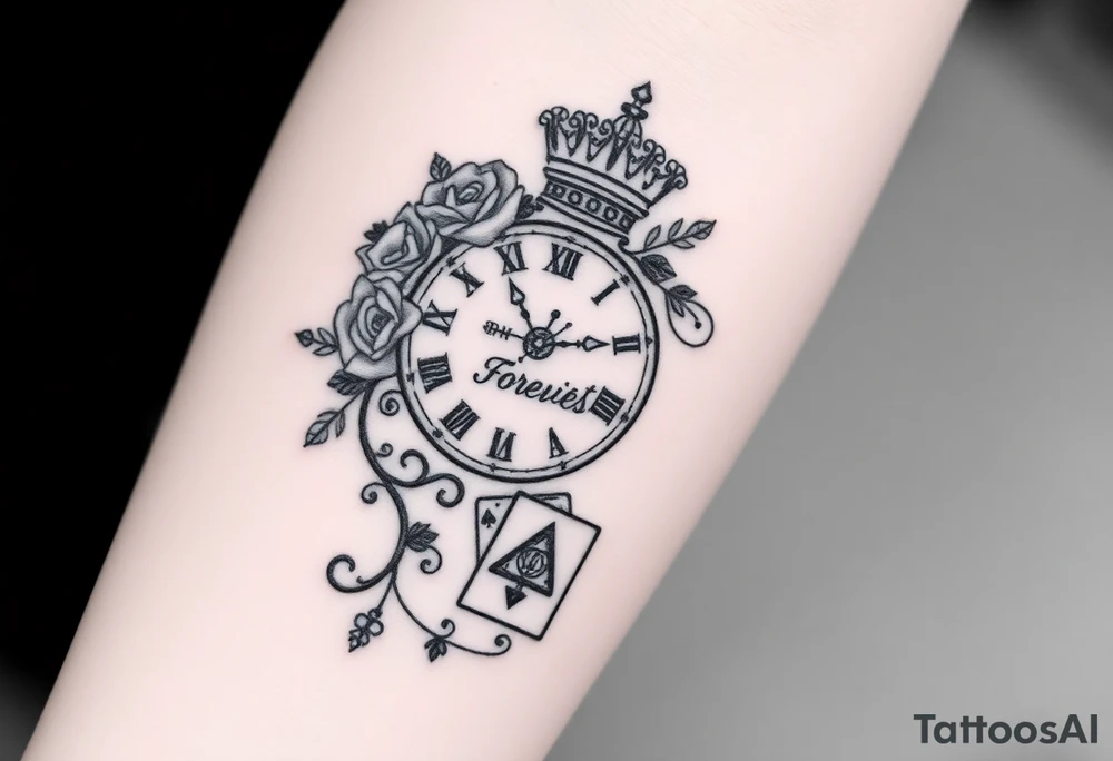 Roman clock with roses and a crown,  a quote that says nothings forever. and on the bottom a deck of cards tattoo idea