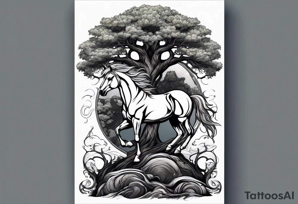 Realistic Horse and Yggdrasil tree tattoo idea