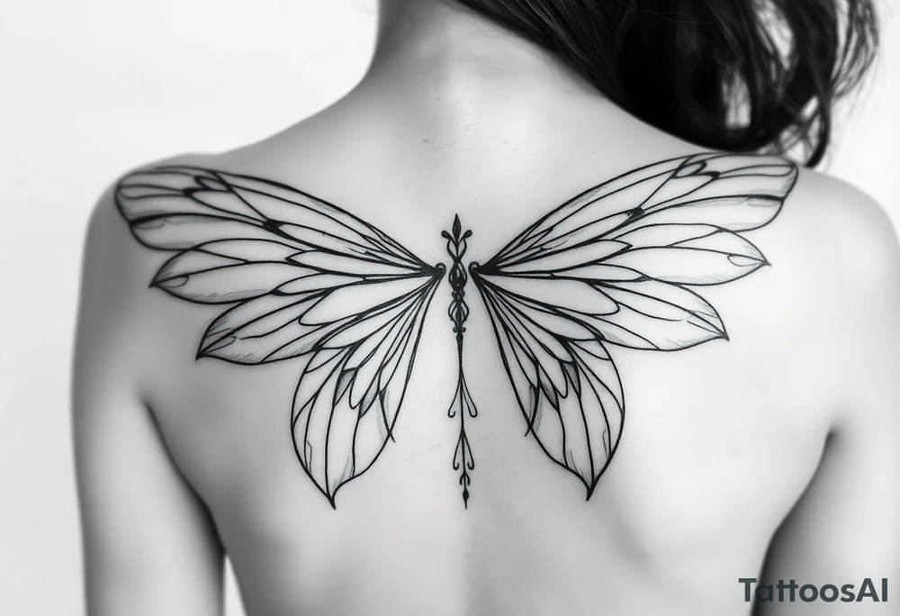 Long wispy fairy wings folded closed down full back tattoo idea