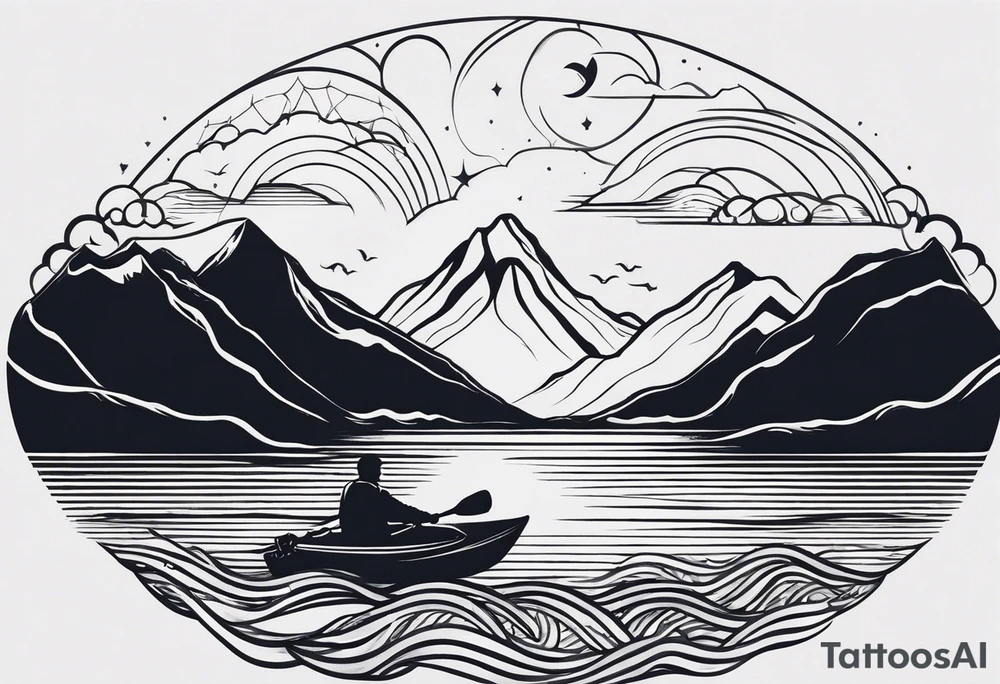 This is a minimalistic tattoo that is split into 2 sections; a top half and a bottom half. The top half is a mountain in Norway with a mountain bike trail winding down the mountain. The bottom half of the tattoo depicts an underwater scene featuring water, and sea life. tattoo idea