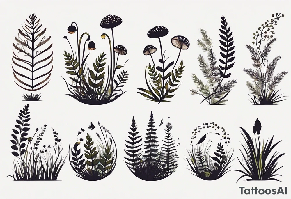 forest floor inspired minimalist tattoo, which includes grass, curly ferns, moss and dead leaves as the bulk of the tattoo. details to include: forest berries, a tiny bumblebee flying nearby, three small brown mushrooms
Generate a vertically long one tattoo idea