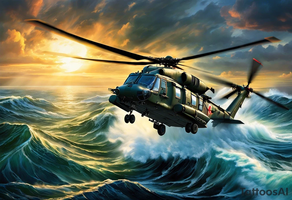 A cinematic-style tattoo depicting a Canadian military CH-148 Cyclone helicopter performing a daring maneuver over a turbulent ocean. The sky should be filled with dramatic clouds, and the sun should be setting, casting long shadows. The helicopter should be the main focus, with intricate details and a sense of motion. In the background, a poppy should be prominently displayed, and a quote from 'Lest We Forget' should be included, black and white tattoo tattoo idea