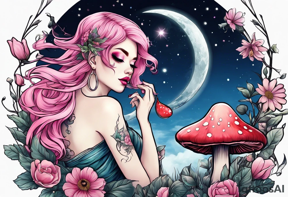 fairy with pink hair, eating a mushroom under the moon, tripping balls tattoo idea