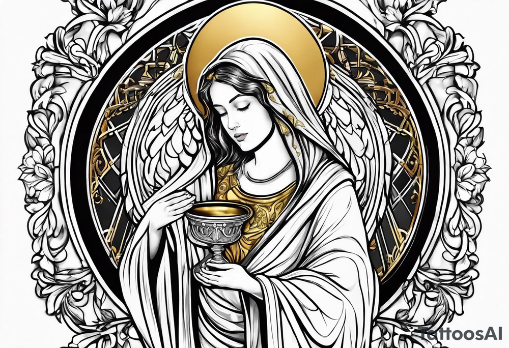 holy saint woman turned away with golden halo holding a chalice tattoo idea