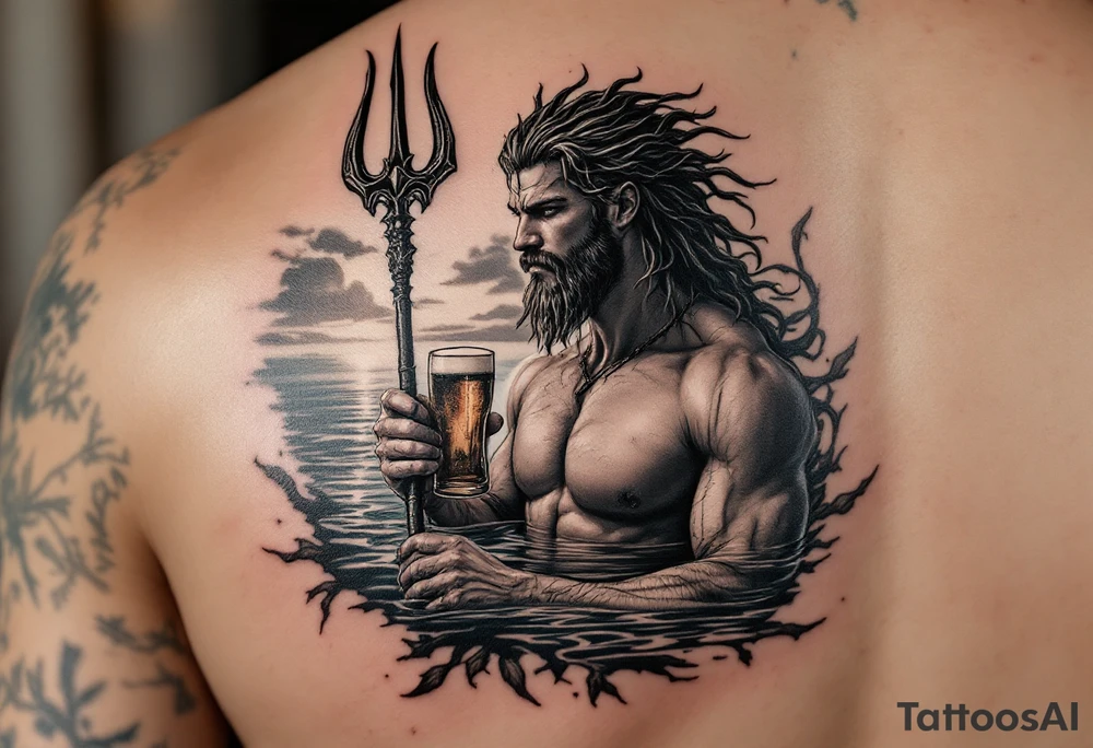 young, fit poseidon in calm water, holding a trident, holding a beer, with sunset tattoo idea