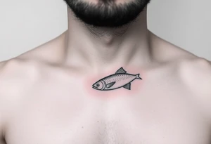 small  minimal fine line bird and fish tattoo, for chest, man. not many details. a lot of black color tattoo idea