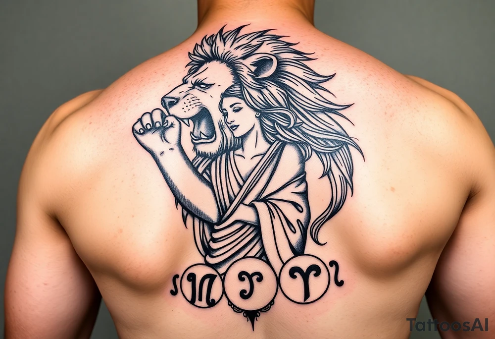 Roaring Leo lion holding virgo woman with robe and wavy hair, Sagittarius female and Capricorn male at the bottom tattoo idea