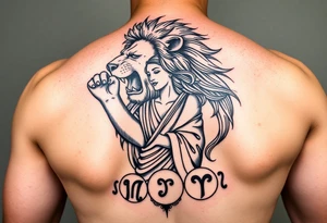 Roaring Leo lion holding virgo woman with robe and wavy hair, Sagittarius female and Capricorn male at the bottom tattoo idea