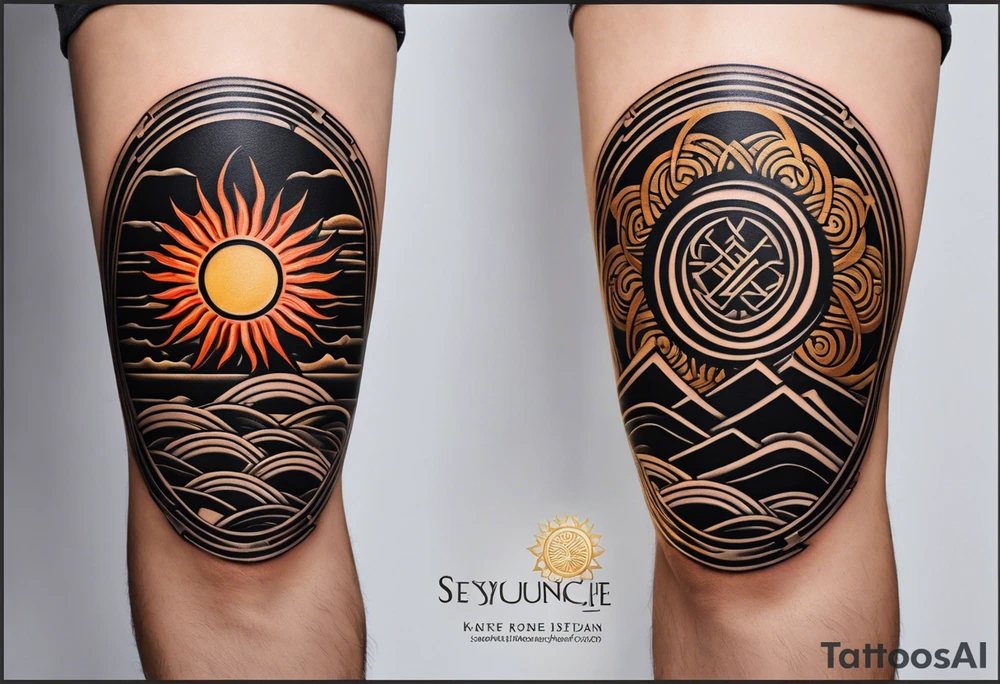 A tattoo inspired by traditional Japanese style, specifically designed for the knee. At the center, a sun with an expressive face, drawn in an oriental style with smooth yet defined lines, reflecting classic Japanese art elements. The sun’s rays are stylized and fluid, extending downward toward the shin and upward above the knee, maintaining visual balance. Incorporate details like flowing lines and edges that evoke natural and dynamic patterns typical of Japanese aesthetics. The design should be symmetrical, with an organic flow that fits the curvature of the knee. Preferably in black and gray, with detailed shading to enhance depth and texture. tattoo idea