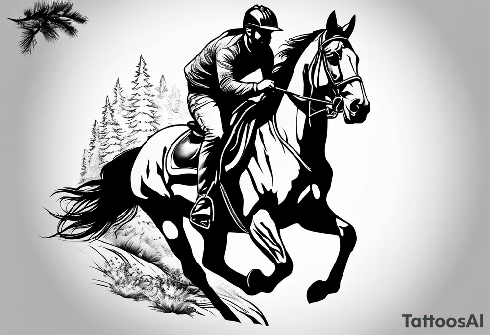 Rider on horseback with head down with aspen and pines tattoo idea