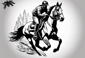 Rider on horseback with head down with aspen and pines tattoo idea