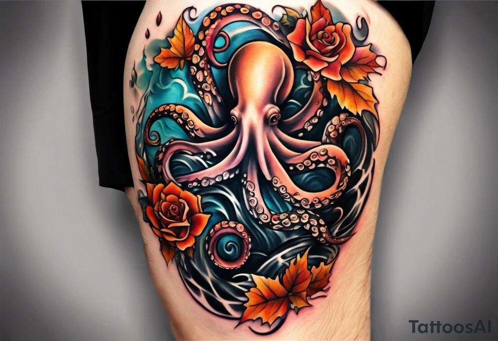 masculine abstract left thigh tattoo with a large long flowing octopus in water swirls wrapping around rocks, with a rose, in fall colors with some small leaves and fall elements tattoo idea